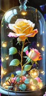 Enchanted rose glowing inside glass dome with magical lights.