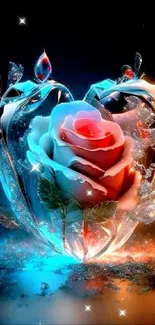 A rose encased in an icy heart, glowing with blue and fiery hues on a black background.