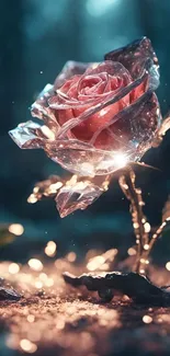 A luminous rose glows in a mystical forest setting with enchanting light.