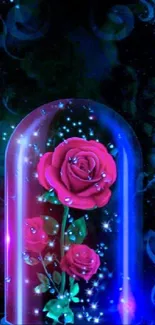 Enchanted rose under glass with blue glow and magical stardust.