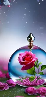 A delicate pink rose inside a shimmering glass globe on a dreamy background.