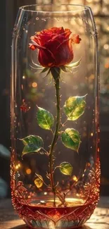 Vibrant red rose in an elegant glass vase with warm lighting background.