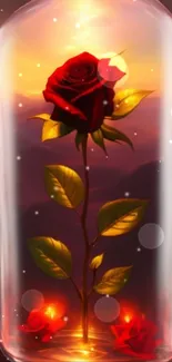 Luminous rose in a jar with magical sunset glow.