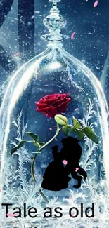 Enchanted rose in glass dome with dark blue background.