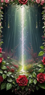 Enchanted rose path with vibrant flowers and mystical lighting in a garden setting.