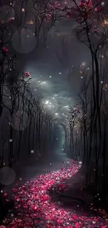 Enchanted pathway with roses in a mystical dark forest.