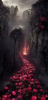 Surreal pathway with red roses and misty forest landscape.