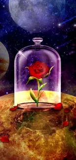 Enchanted rose under glass dome on a cosmic planet in space.