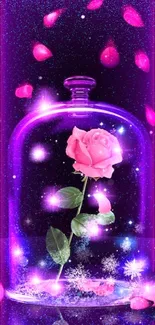 Enchanted rose under a glowing glass dome with magical effects.