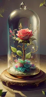 A beautifully crafted rose encased in an ornate glass dome on a wooden base.