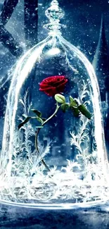 Enchanted red rose inside a glass dome, mystical background.