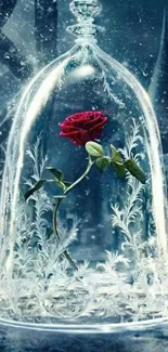 Enchanted red rose under a glass dome with a mystical background.