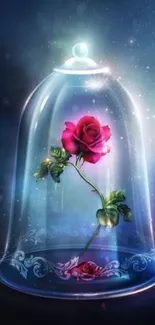 Enchanted rose encased in glass under a cosmic starry sky.