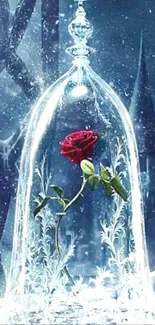 A single red rose under a detailed glass dome with icy patterns.