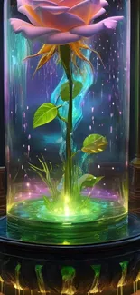 Mystical glowing rose in a glass case.