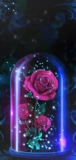 Enchanting rose under a glass dome with sparkles on a dark background.