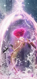 Enchanted rose under a glass dome, glowing in pink light.