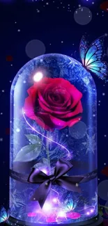 Enchanted rose under glass dome with glowing butterflies.