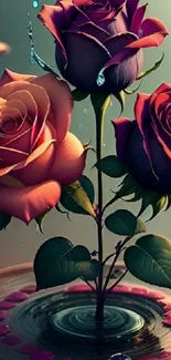 Artistic roses floating on water with a tranquil ambiance.