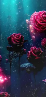 Enchanted pink roses glowing underwater against a teal blue background.