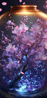 Magical cherry blossom tree glowing inside a glass jar with purple aura.