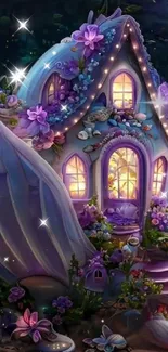 Whimsical seashell cottage glowing under a starry night sky with vibrant flowers.