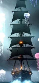 Majestic ship with glowing jellyfish in a mystical sea.