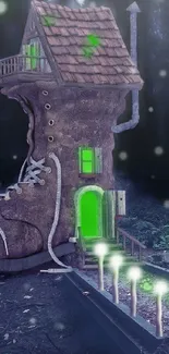 Enchanted shoe-shaped house with glowing green door and dreamy vibes.