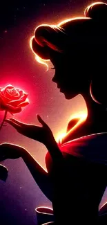 Silhouette of a woman with glowing rose in dark vibrant colors.