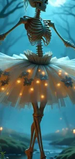 Skeleton ballerina in a magical forest setting.