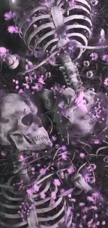 Skeletons entwined with purple flowers in a surreal art scene.