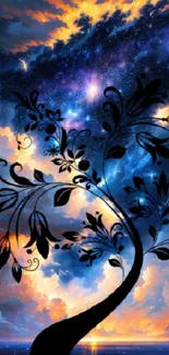 Abstract tree silhouette under starry sky and colorful clouds wallpaper.