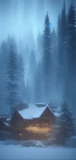 Cozy cabin in a misty, snowy forest with tall pines.