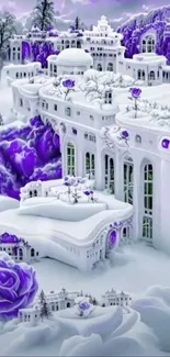 Enchanting snowy castle with purple roses and vibrant colors.