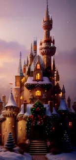 Enchanting snowy castle with holiday lights at dusk