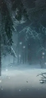 Serene snowy forest with twinkling lights in a winter landscape.