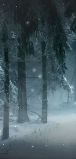 Snowy forest with tall trees and sparkling snowflakes on a tranquil winter day.