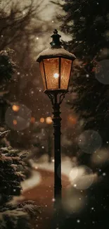 Snowy lamp post in a winter forest with bokeh lights.