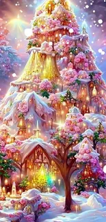 Enchanting snowy tree with flowers and lights in a fantasy landscape.