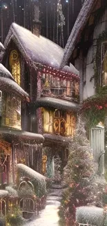 Enchanting snowy village with festive lights and cozy cottages.