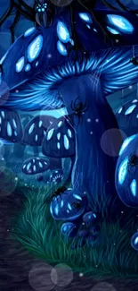 Fantasy art of spiders on glowing blue mushrooms.