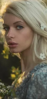 Woman in spring landscape with flowers.