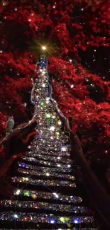 Fantasy staircase under a starlit, red-leaf canopy, creating a magical night scene.