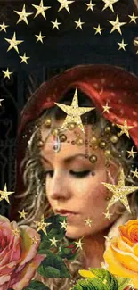 Artistic mobile wallpaper of a woman with stars and roses.