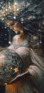 Enchanting celestial figure with glowing orb under starry sky wallpaper.