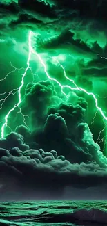 A vibrant green lightning storm over dark ocean waves and dramatic clouds.