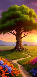 Majestic tree at sunrise with vibrant flowers in a serene landscape.