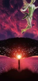 Fairy soaring above a sunset under a tree.