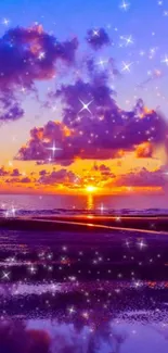 Vibrant purple and orange sunset over ocean with sparkling stars.