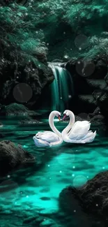 Two swans in a turquoise forest stream with a waterfall.